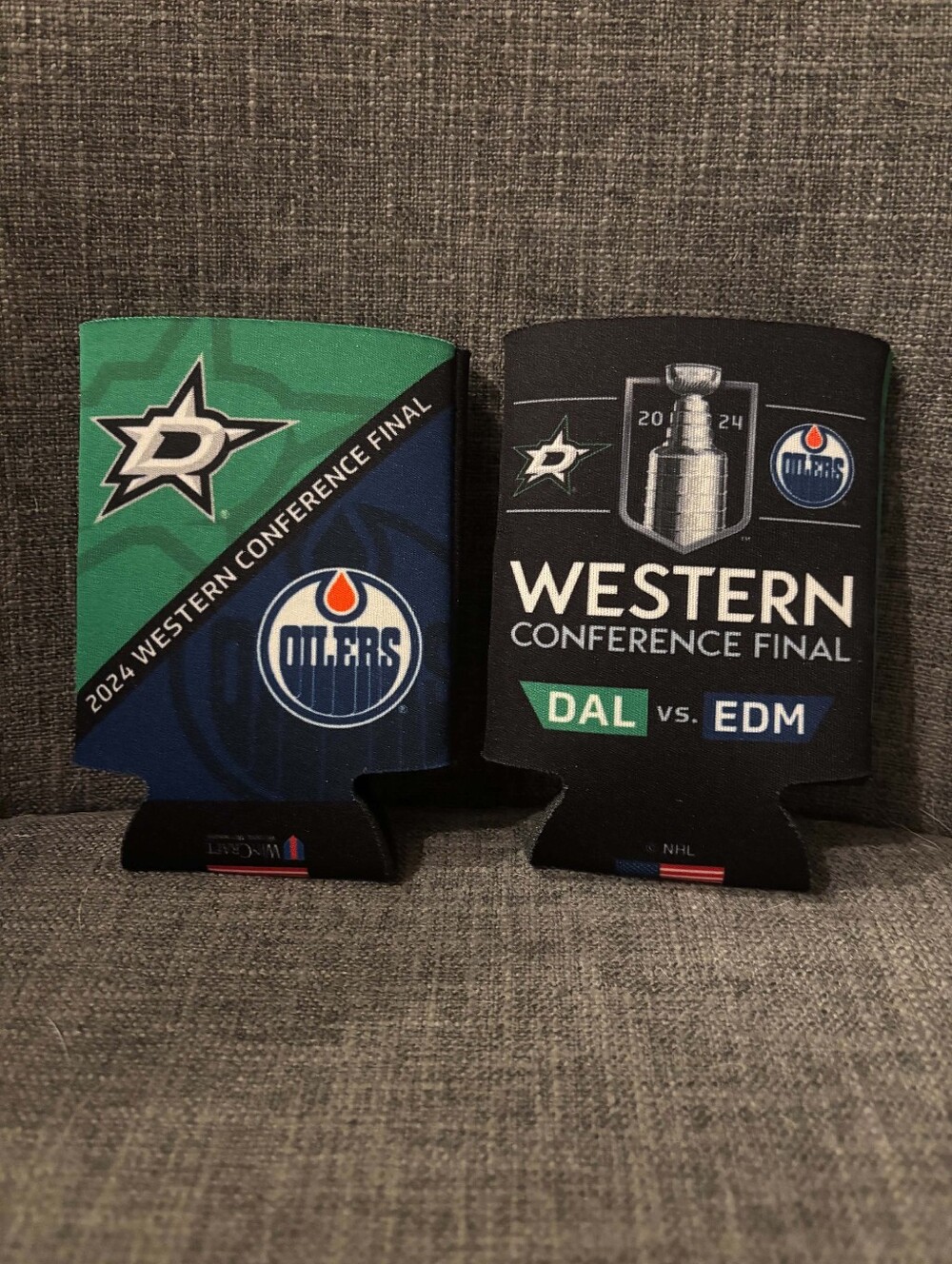 Lot of 2 NHL Drink Koozies Dallas Stars vs Edmonton Oilers 2024 Conf Finals
